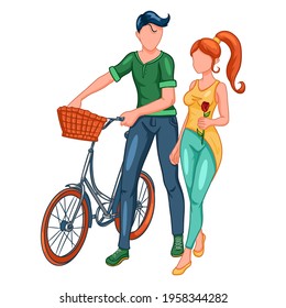 Una pareja amorosa caminando con una bicicleta. Niña con una rosa en sus manos. Estilo de caricatura.