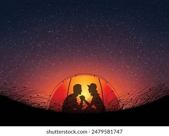 Pareja cariñosa en tienda naranja. Acampando de noche.  Cielo estrellado romántico