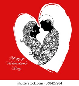 Loving couple in the ornament with text happy valentine`s day.