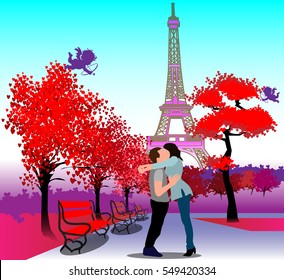 Loving couple in Paris background. Flat style vector illustration.