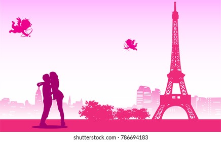 Loving couple in Paris background. Flat style vector illustration.