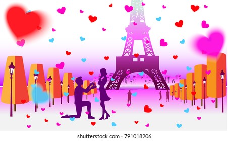 Loving couple in Paris background. Flat style  Valentines day vector illustration.