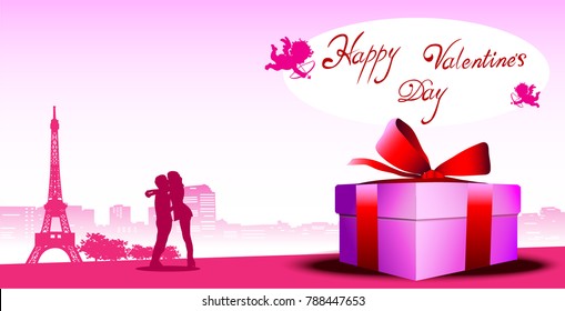 Loving couple in Paris background. Valentine's Day. Flat style vector illustration.