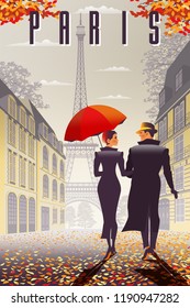 Loving couple in Paris in the fall. Handmade drawing vector illustration. All objects are grouped and divided into layers.