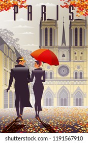 Loving couple in Paris in the fall. Handmade drawing vector illustration. All objects are grouped and divided into layers.