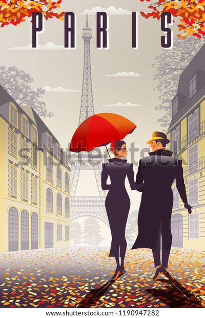 Loving\
couple in Paris in the fall. Handmade drawing vector illustration.\
All objects are grouped and divided into\
layers.