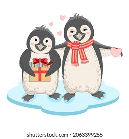 Loving couple of penguins with a gift and a heart. Cute characters in cartoon style. Valentine's Day. Picture for textiles, prints, t-shirts, souvenirs. Vector illustration.