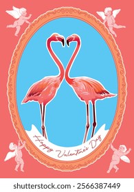 Loving couple of pink flamingos in a frame with cupids on the edges. Valentine's Day Greeting Card in hand drawn retro style. Cute characters for romantic holiday.