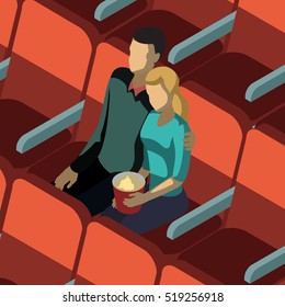 Loving couple with popcorn sitting at red chairs in audience hall of cinema isometric template vector illustration