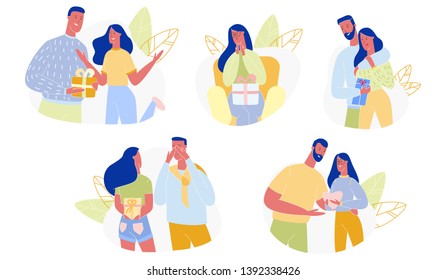 Loving Couple Presenting Gifts on Happy Valentine Day, Birthday, Holidays. Surprise, Love, Man and Woman Relations. Expression Emotions of Happiness, Joy. Happy People Cartoon Flat Vector Illustration