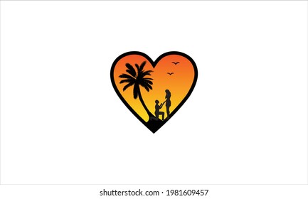 loving couple purposal at scenic sunset on tropical beach with palm trees and seagull in heart shape icon logo design vector illustration template
