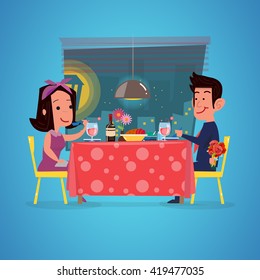 loving couple in restaurant. Romantic dinner. man with rose branch in hand  for surprise. character design - vector illustration