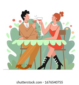 Loving couple in restaurant scene flat line character vector illustration. Young man and woman at romantic dating with wine glasses at cafe decoration. Relationship humoristic concept