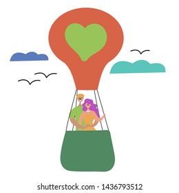 A loving couple is riding a balloon. Romantic date. Summer rest. Inspire to travel. Vector EPS 10 file editable