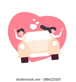 Loving couple riding on car. Love concept. Cartoon style.