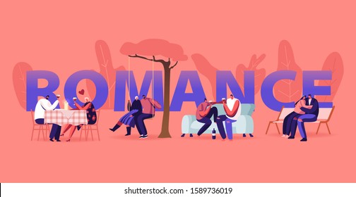 Loving Couple Romance Sparetime Concept. Young Men and Women Spend Time Together Dating at Home and Restaurant, Walking Outdoors, Relaxing Poster Banner Flyer. Cartoon Flat Vector Illustration
