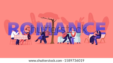 Loving Couple Romance Sparetime Concept. Young Men and Women Spend Time Together Dating at Home and Restaurant, Walking Outdoors, Relaxing Poster Banner Flyer. Cartoon Flat Vector Illustration