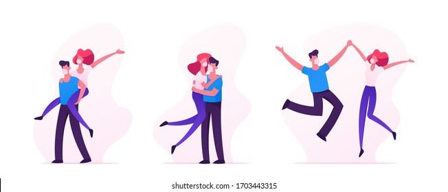 Loving Couple Romantic Relations during Covid 19 Quarantine. Man Woman Characters in Medical Masks Holding Hands, Jumping and Hugging. Romance Feelings, Love. Cartoon People Vector Illustration