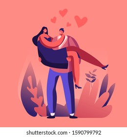 Loving Couple Romantic Relations. Man Holding Woman on Hands with Red Hearts around. Happy Lovers Valentines Day Dating, Lifestyle. Love Feelings, Romance Emotions. Cartoon Flat Vector Illustration