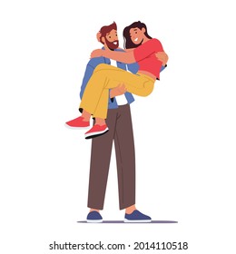 Loving Couple Romantic Relations. Man Holding Woman on Hands Isolated on White Background. Happy Lovers Valentines Day Dating, Love Feelings, Romance Emotions. Cartoon People Vector Illustration