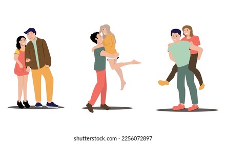 Loving Couple Romantic Relations. Man and Woman holding Hands, hugging high, piggyback happy Lovers Valentines Day Dating, Love Feelings, Romance Emotions. 