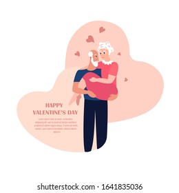 Loving Couple Romantic Relations. Pensioner Elderly Man Holding Aged Woman on Hands with Hearts and Love around them. Happy Valentine Day Dating. Romance Feelings and Emotions Flat Vector Illustration