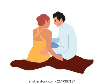 Loving Couple Romantic Relations, Picnic Dating. Male and Female Characters Love, Connection, Romance. Happy Man and Woman Embracing Sitting on Plaid Rear View. Cartoon People Vector Illustration