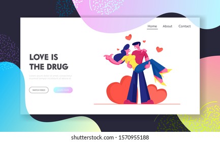 Loving Couple Romantic Relations Website Landing Page. Man Holding Woman on Hands with Red Hearts around. Happy Lovers Valentines Day Dating, Love Web Page Banner. Cartoon Flat Vector Illustration