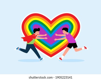 loving couple running towards each other gay on the background of the lgbt heart, flat vector illustration sticker