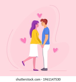 Loving couple scene of male and female holding hands on romantic date. Flat cartoon character vector.