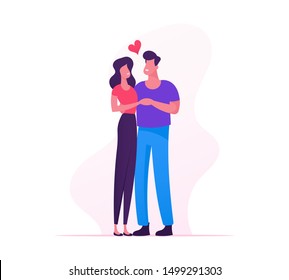 Loving Couple Scene of Man and Woman Holding Hands Hugging. Happy Lover Relationship Anniversary Dating, Lifestyle. Romantic Connection Feelings Emotions Romance Love. Cartoon Flat Vector Illustration