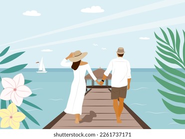 Loving couple at the sea. Flat style. Vector illustration