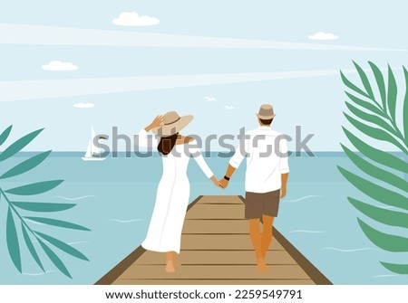 Loving couple at the sea. Flat style. Vector illustration