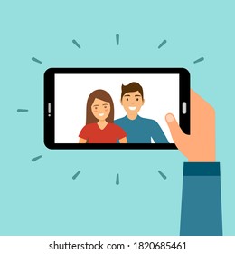 Loving couple selfie concept vector illustration. Hand holding smartphone and use mobile camera for photo shoot.