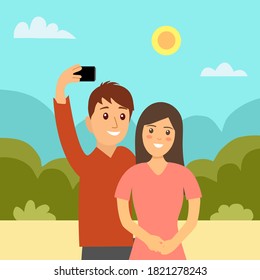Loving couple selfie at mountain holiday trip concept vector illustration. Hand holding smartphone and use mobile camera for photo shoot.