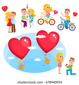 Loving couple set - kissing, dating, making proposal, romantic relationships, happy together, cartoon, comic vector illustration isolated on white background. Loving couple, kissing, dating, proposal