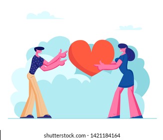 Loving Couple Share Huge Red Heart to Each Other. Human Relations, Love, Romantic Dating. Male and Female Character Spending Time Together Outdoors, Newlywed Couple Cartoon Flat Vector Illustration