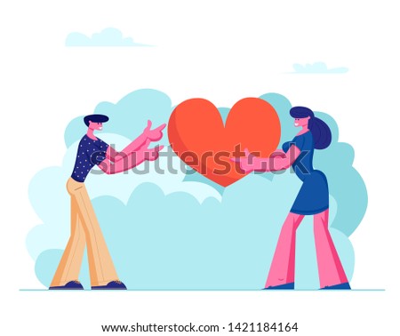 Loving Couple Share Huge Red Heart to Each Other. Human Relations, Love, Romantic Dating. Male and Female Character Spending Time Together Outdoors, Newlywed Couple Cartoon Flat Vector Illustration