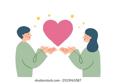 Loving Couple Share Love, Holding Huge Red Heart in Hands. Human Relations, Love, Romantic Dating. Male and Female Characters Spend Time Together, Newlywed Couple. Cartoon People Vector Illustration