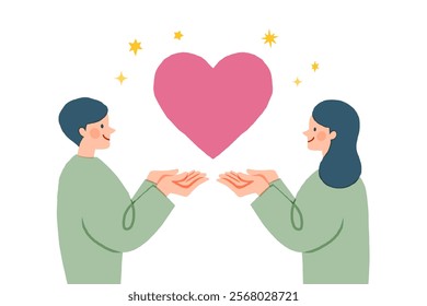 Loving Couple Share Love, Holding Huge Red Heart in Hands. Human Relations, Love, Romantic Dating. Male and Female Characters Spend Time Together, Newlywed Couple. Cartoon People Vector Illustration