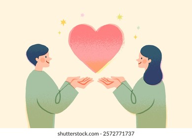 Loving Couple Share Love, Holding Huge Pink Heart in Hands. Human Relations, Love, Romantic Dating. Male and Female Characters Spend Time Together, Newlywed Couple. Cartoon People Vector Illustration