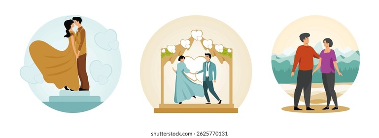 Loving couple sharing a tender embrace. A romantic couple elegantly dancing under a beautiful arch. Smiling couple stands together against a scenic outdoor background of mountains and trees.