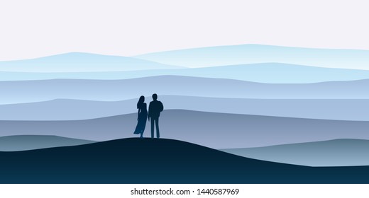 Loving couple silhouette , a man and a woman are looking at the new year goals. Mountain landscape minimalistic. Rocks sand horizon space parallax. Loneliness solitude. Vector illustration isolated.