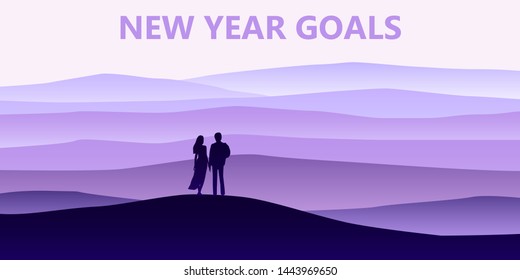 Loving couple silhouette , a man and a woman are looking at the new year goals. Mountain landscape minimalistic. Rocks sand horizon space parallax. Loneliness solitude. Vector illustration isolated.