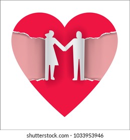 
Loving couple silhouette on ripped paper heart.
Paper background with stylized Wedding couple,bride and groom in heart shape. Place for your text or image. Vector available. 

