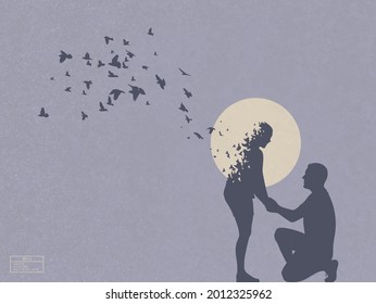 Loving couple silhouette. People in love. Marriage proposal. Afterlife