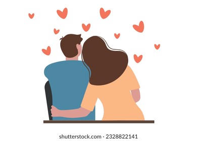 Una pareja amorosa se sienta a abrazar. El chico y la chica se sientan en un abrazo. Los amantes se abrazan. Ilustración vectorial.