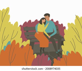 A loving couple sits on a bench in an autumn park in an embrace. Multicolored autumn season. The concept of a woman's trust in her man. Flat vector illustration.