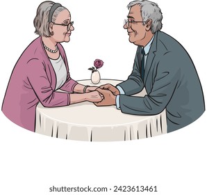 A loving couple sits opposite each other, looking into the eyes and holding hands