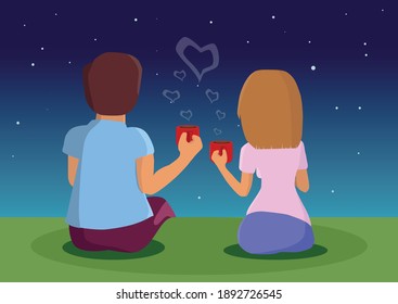 loving couple sitting and looking at the night starry sky with mugs of tea in hand valentine's day